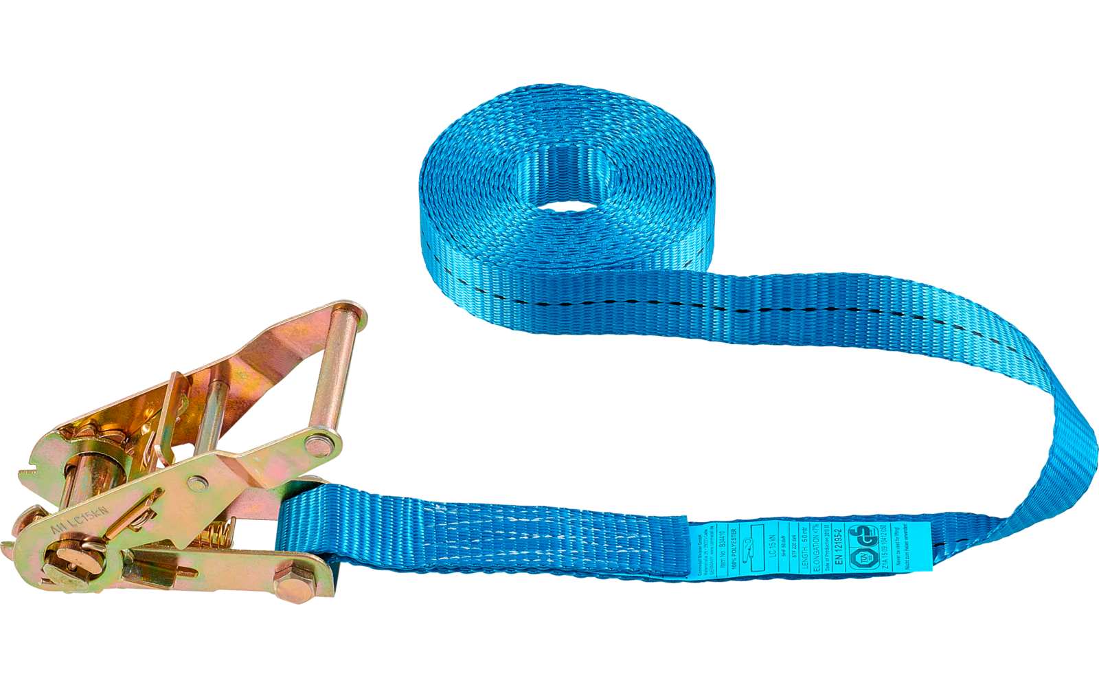 Blauer Spanngurt mit Metallratsche auf weißem Hintergrund