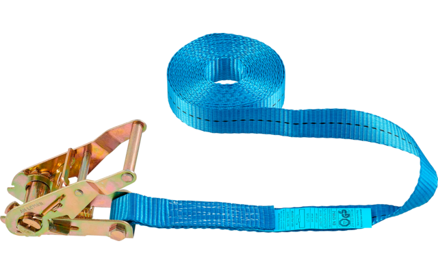 Blauer Spanngurt mit Metallratsche auf weißem Hintergrund