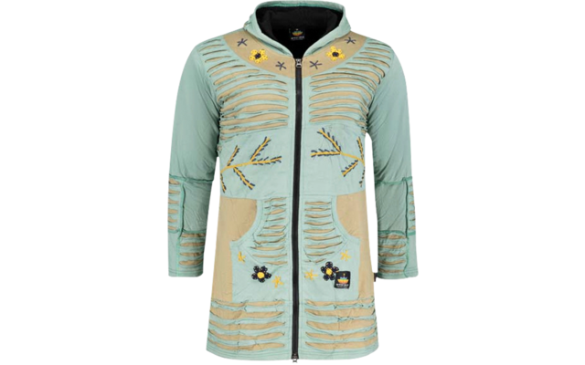 Green long-sleeve jacket with zipper and colorful patches
