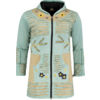 Green long-sleeve jacket with zipper and colorful patches