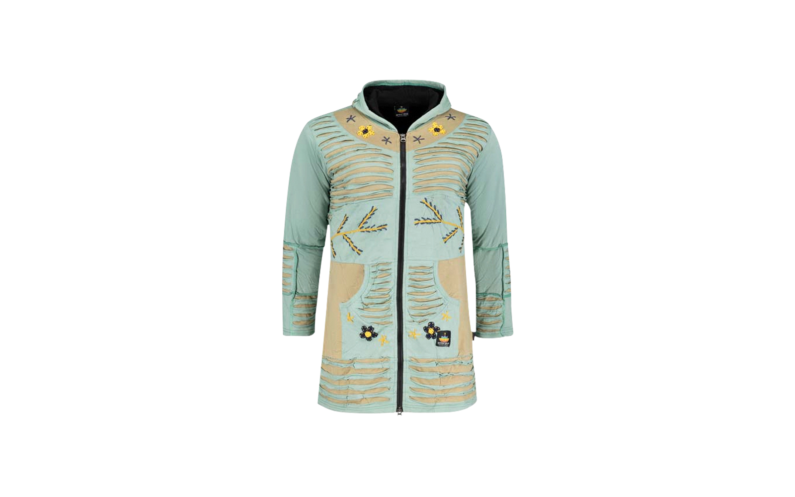 Green long-sleeve jacket with zipper and colorful patches