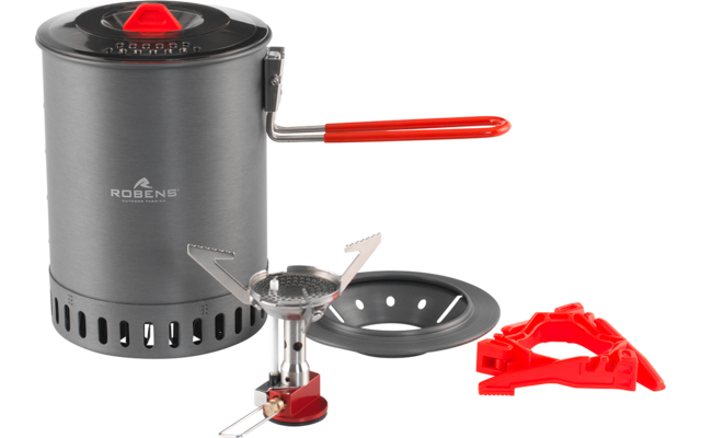 Grau-metallic zylindrischer Topf mit schwarzem Deckel und rotem Griff, einzelner Metallbrenner, schwarzer Untersetzer und rotes zusammenklappbares Kunststoffgestell