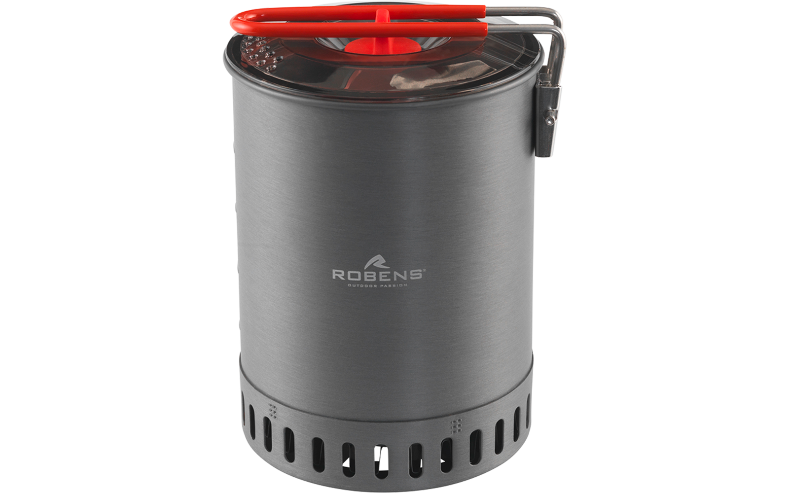 Grauer zylindrischer Metallbehälter/Topf mit weißem "ROBENS"-Logo, rotem Griff auf transparentem Deckel, eingeklappter Metallbügelgriff oben, seitlicher Metallverschluss und Lüftungsöffnungen am unteren Rand