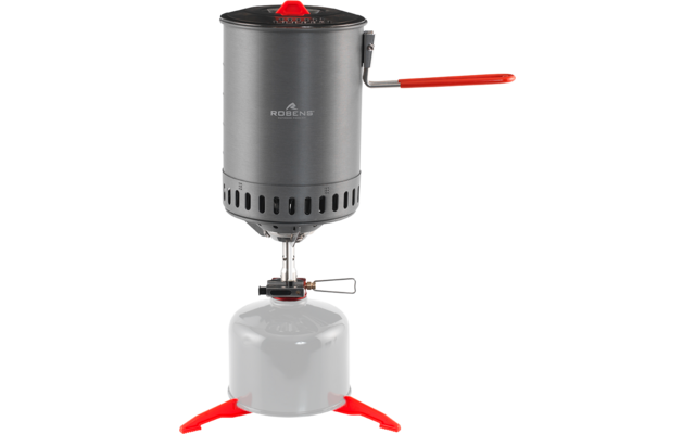 Grauer Metalltopf mit Deckel und rotem Griff auf einem Gasbrenner, der auf einer weißen Gaskartusche mit rotem dreibeinigem Ständer sitzt