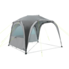 Gray tent with four arched openings, light-blue windows and neon yellow guy lines