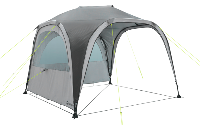 Gray tent with four arched openings, light-blue windows and neon yellow guy lines