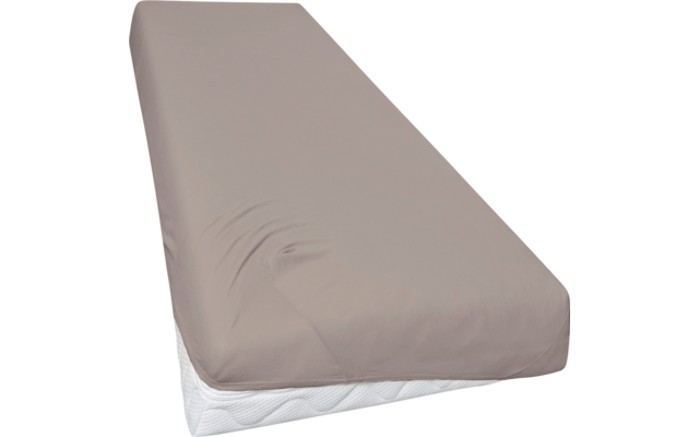 Matras met beigegrijs hoeslaken, witte matrasrand zichtbaar