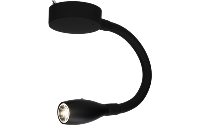 Schwarze Deckenleuchte mit runder Befestigungsplatte, gebogenem flexiblem Hals und zylindrischem Leuchtenkopf, Licht eingeschaltet