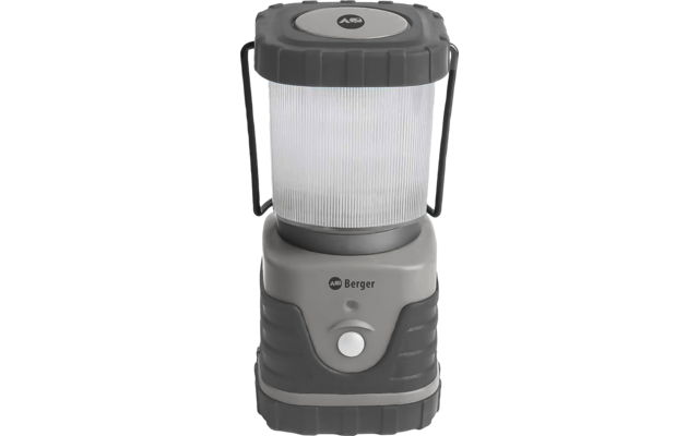 Graue zylindrische Laterne mit geriffeltem durchscheinendem Diffusor, zwei seitlichen Tragegriffen, rundem Frontknopf und sichtbarem Schriftzug 'Berger'