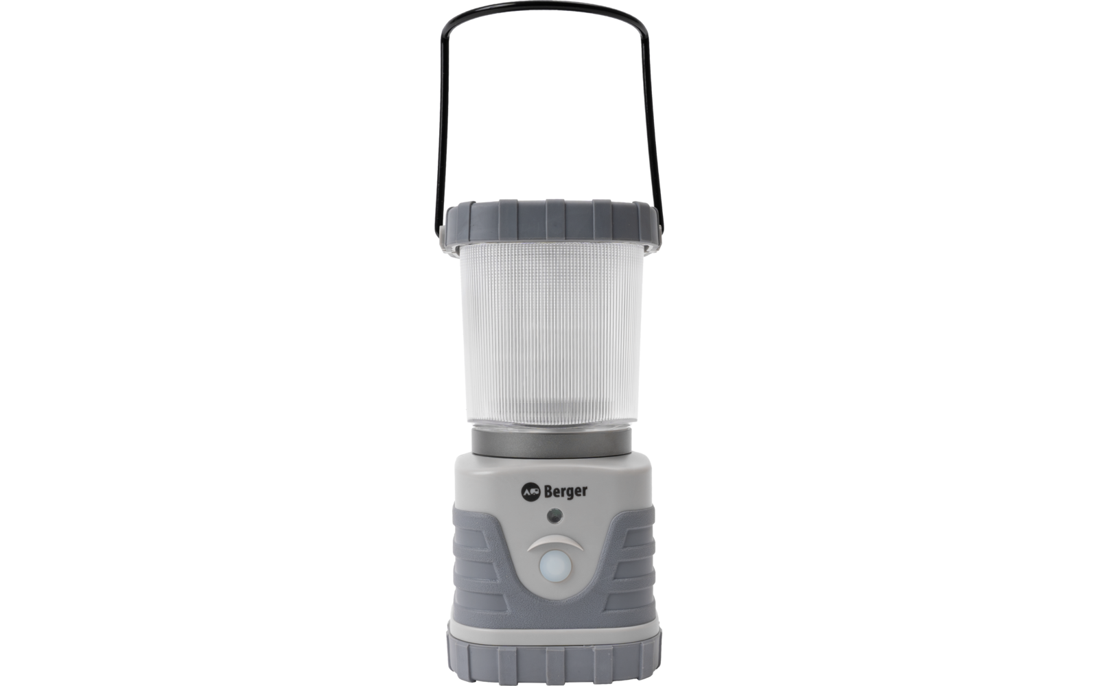 Grijs-witte cilindervormige lantaarn met geribbelde doorschijnende kap, ronde knop aan de voorkant, Berger-logo en zwarte draagbeugel bovenop