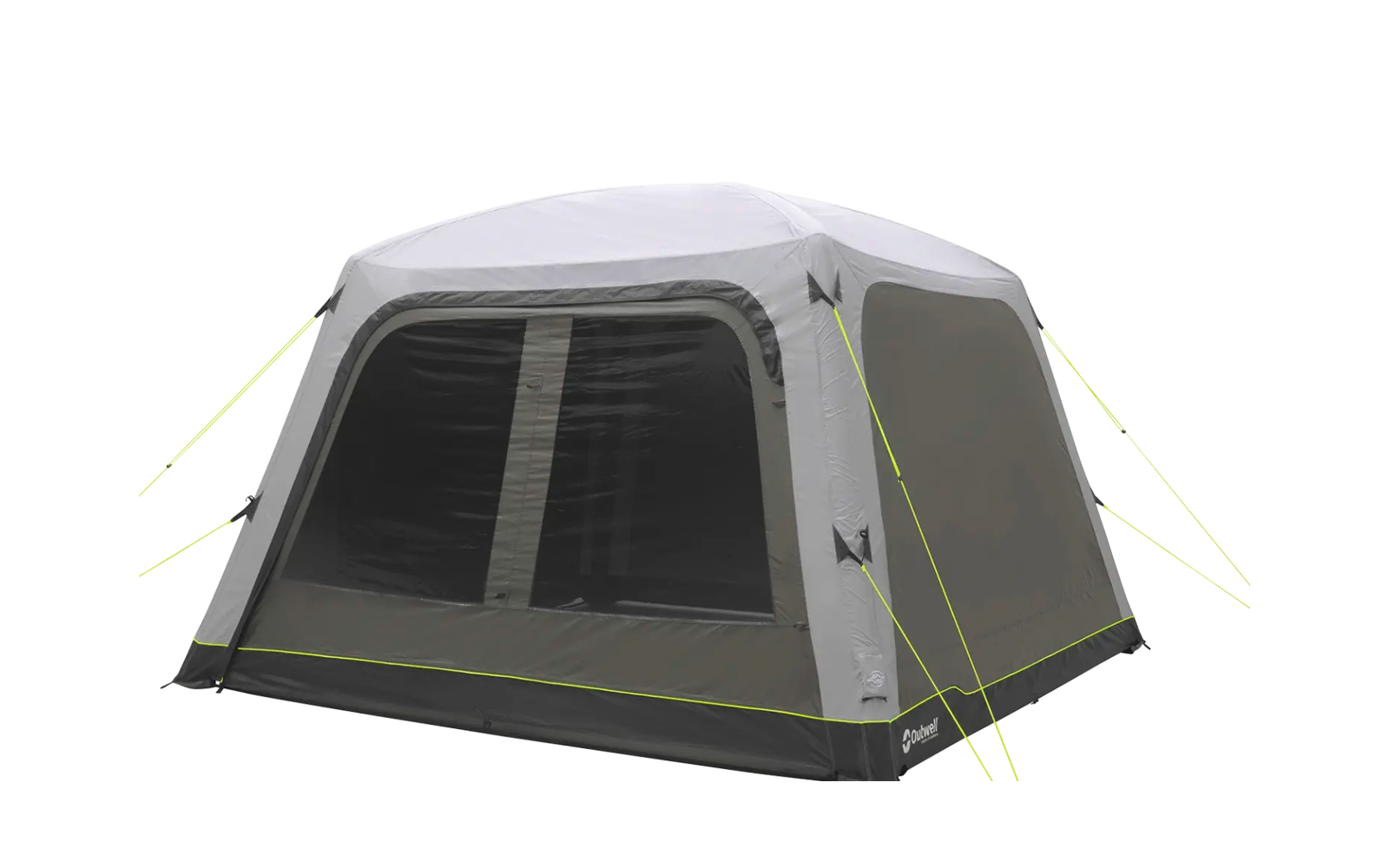 Großes graues Zelt mit vier Fenstern und gelben Abspannleinen