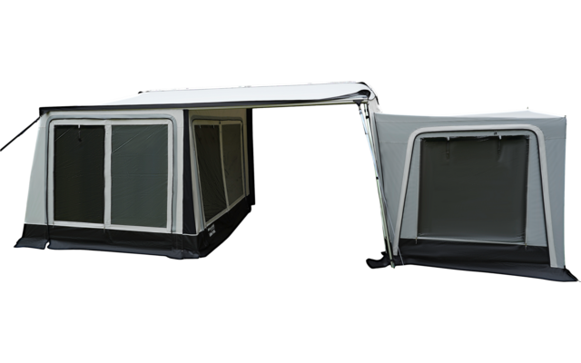 Zwei graue Vorzelte nebeneinander mit Fensterpaneelen und geschlossener Tür, weißer Hintergrund