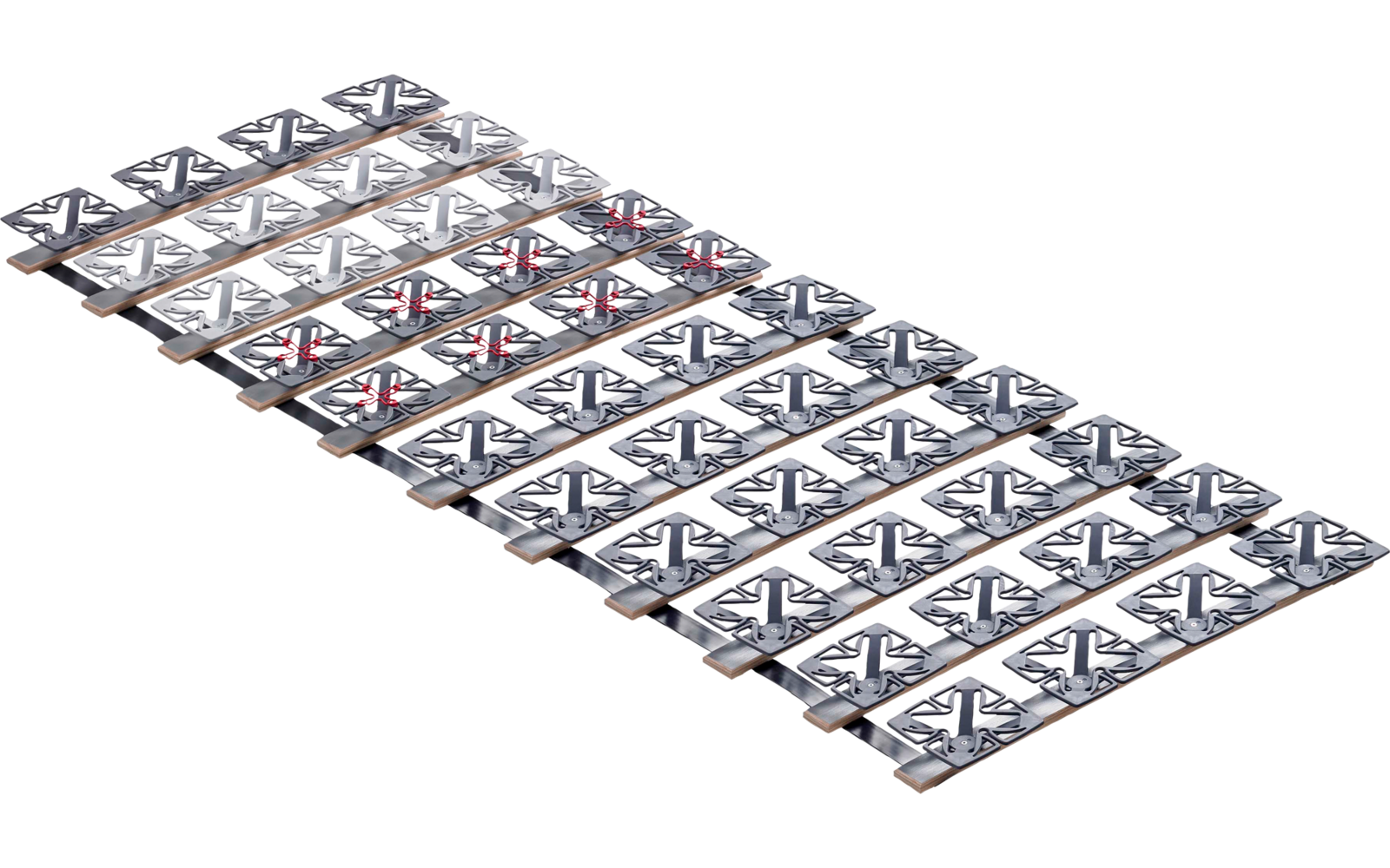 Schräge Ansicht eines rechteckigen Gitters aus mehreren Reihen und Spalten identischer quadratischer silberner Module, jeweils mit einem zentralen dreiflügeligen grauen Lüfter und vereinzelten roten Markierungen