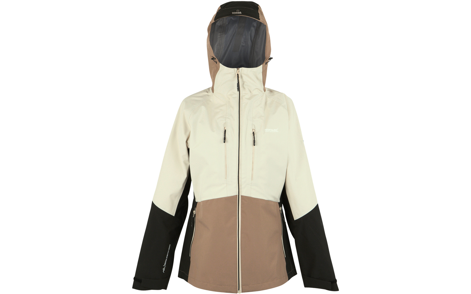 Beige und braune Outdoorjacke mit Kapuze und schwarzem Innenfutter