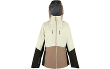 Beige und braune Outdoorjacke mit Kapuze und schwarzem Innenfutter