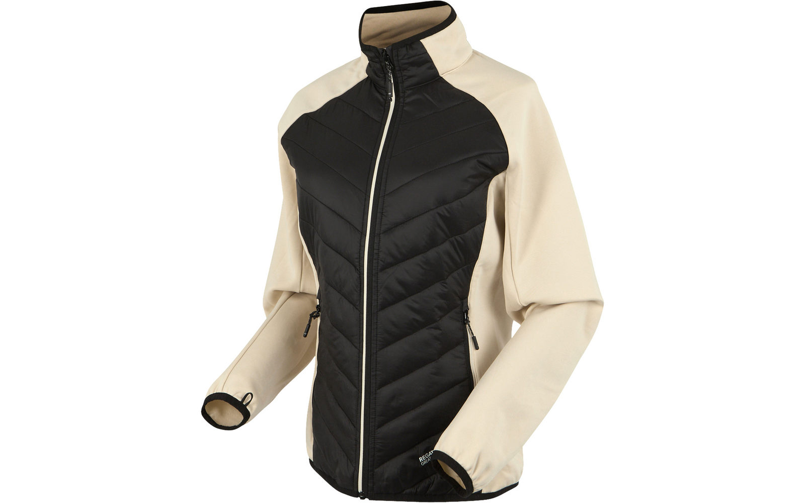 Schwarze und beige Steppjacke mit Reißverschluss und Stehkragen