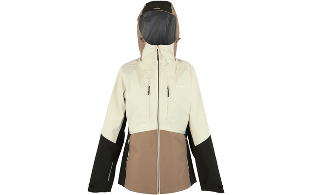 Beige und braune Outdoorjacke mit Kapuze und schwarzem Innenfutter