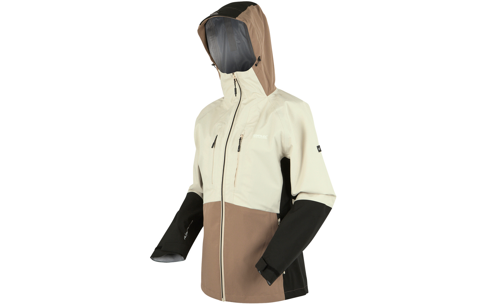 Jacke mit zwei Farben, beige und schwarz, mit Kapuze, vorne Reißverschluss