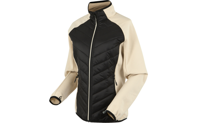 Schwarze und beige Steppjacke mit Reißverschluss und Stehkragen