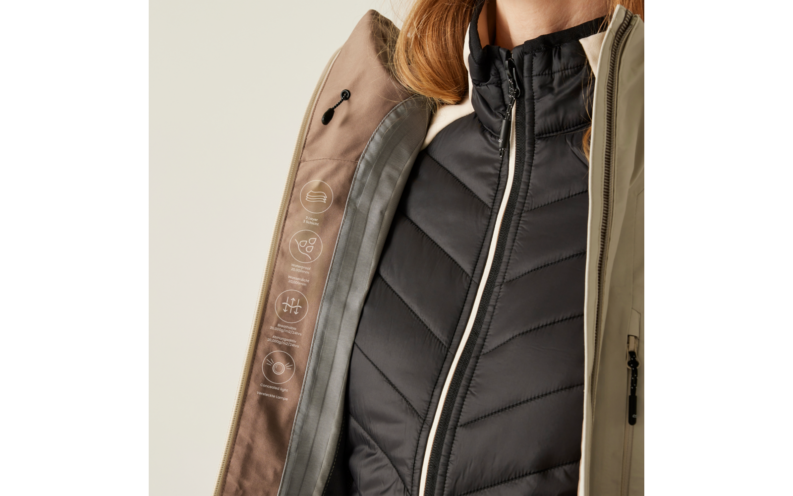 Aufnahme von der Brust und Schultern einer Person, die eine schwarz gepolsterte Jacke unter einer beigen Jacke trägt