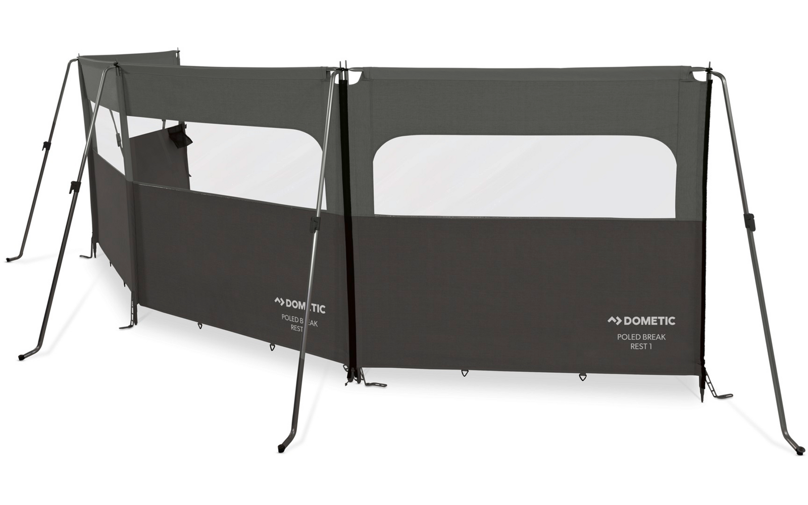 Dreiteiliges dunkles Stoffpanel mit zwei durchsichtigen rechteckigen Fenstern, aufgestellten Metallstangen, Abspannseilen und sichtbarem 'DOMETIC'-Logo