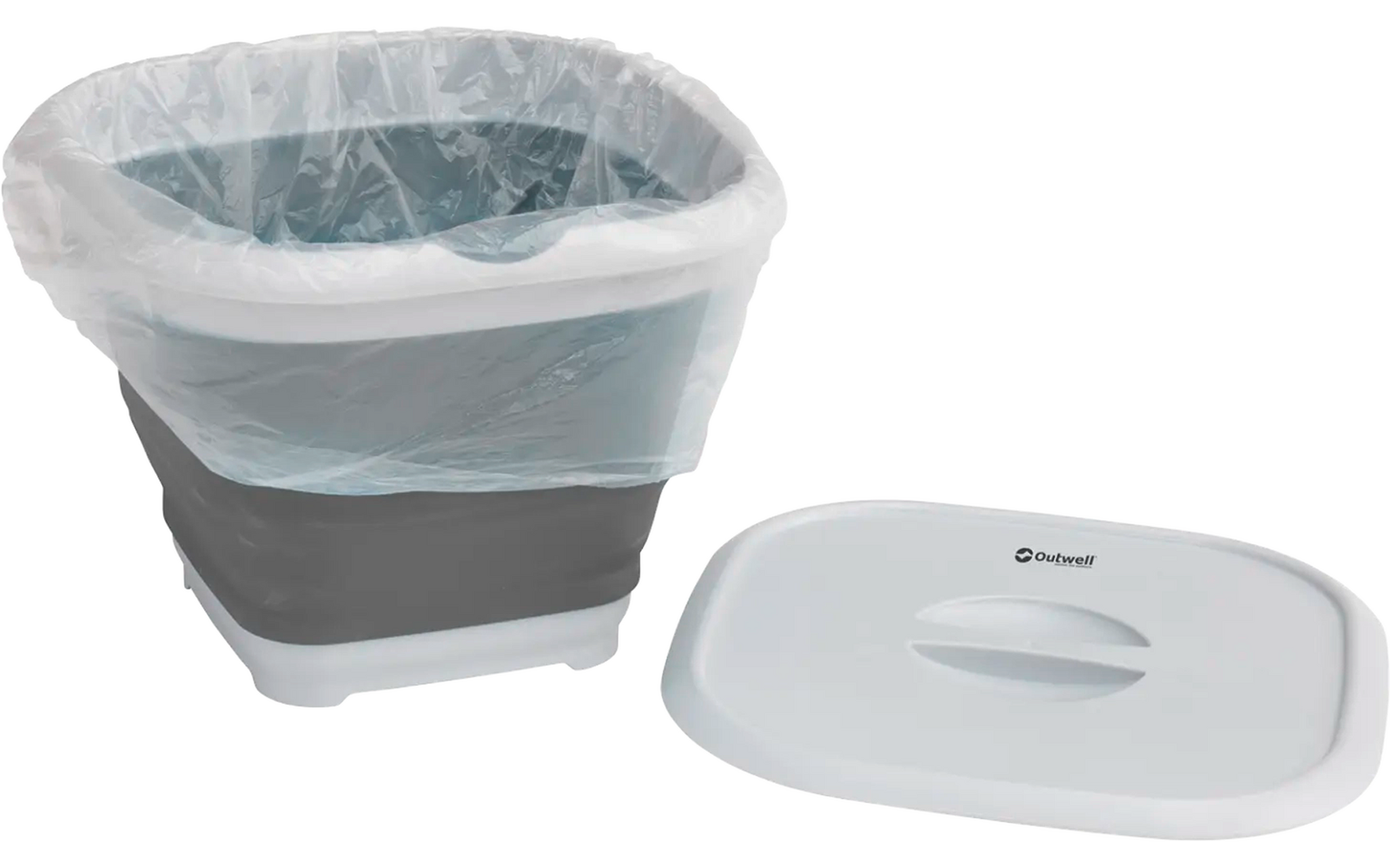 Inklapbare grijze emmer met witte afvalzak en witte deksel ernaast