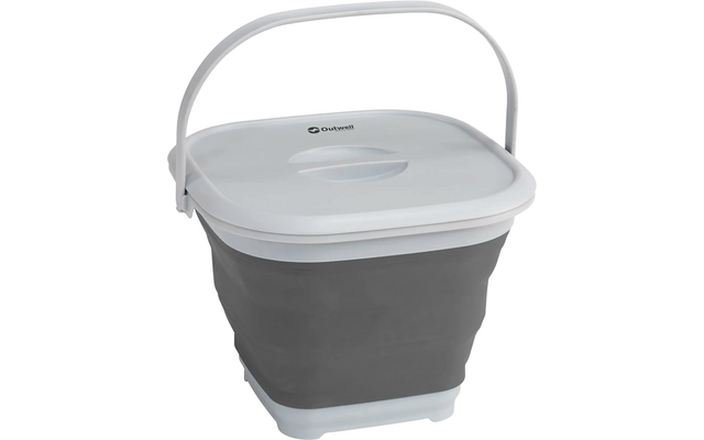 Opvouwbare plastic emmer met wit deksel en handvat, grijs opgevouwen
