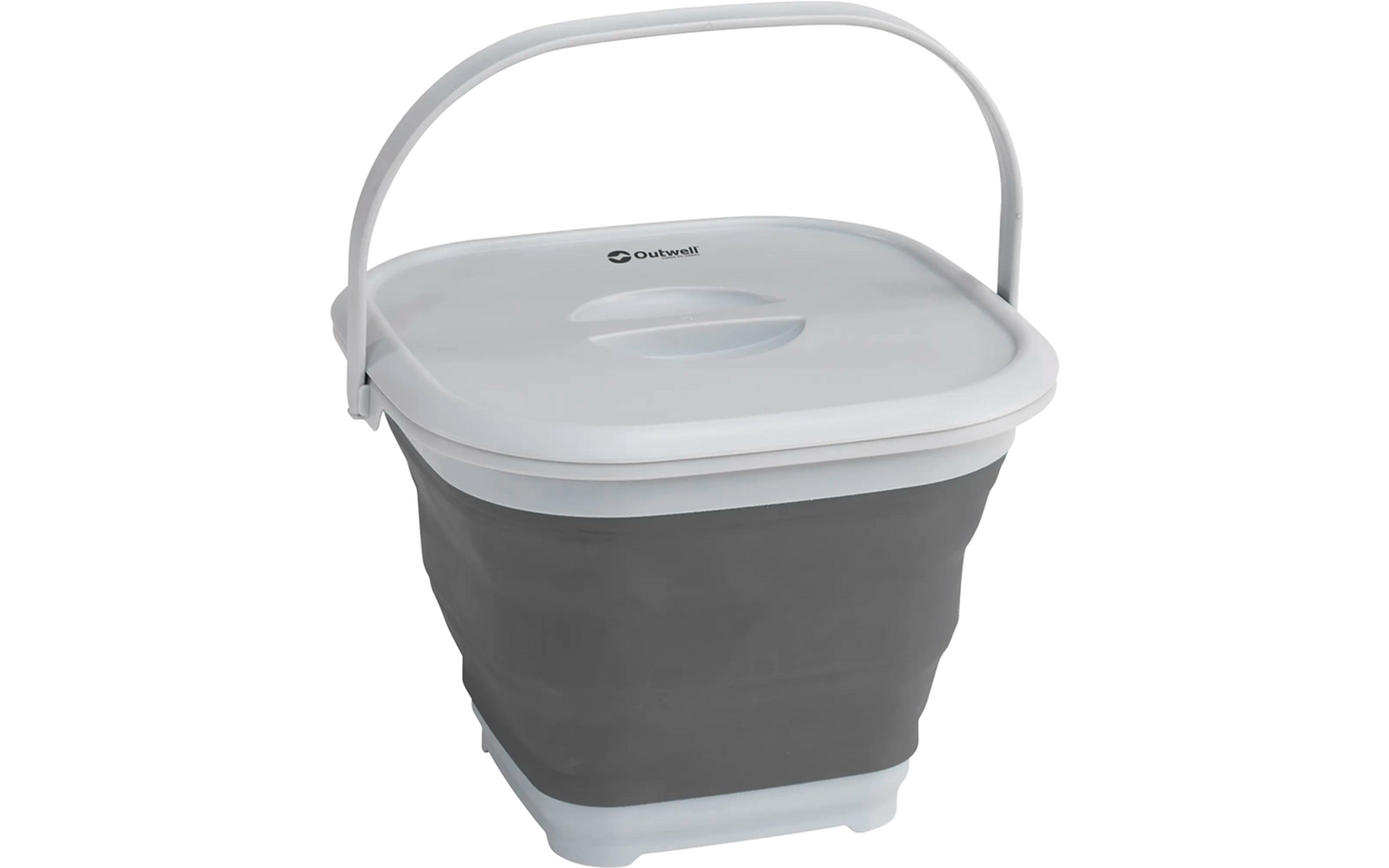 Opvouwbare plastic emmer met wit deksel en handvat, grijs opgevouwen