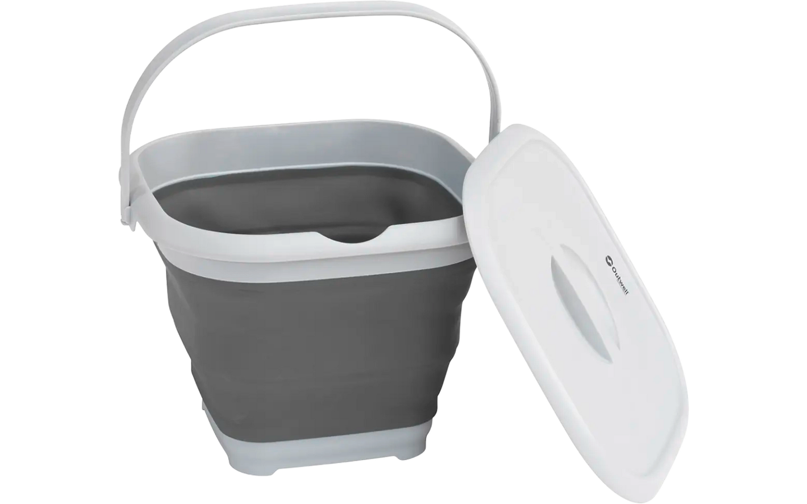 Inklapbare plastic emmer met wit handvat en verwijderde deksel