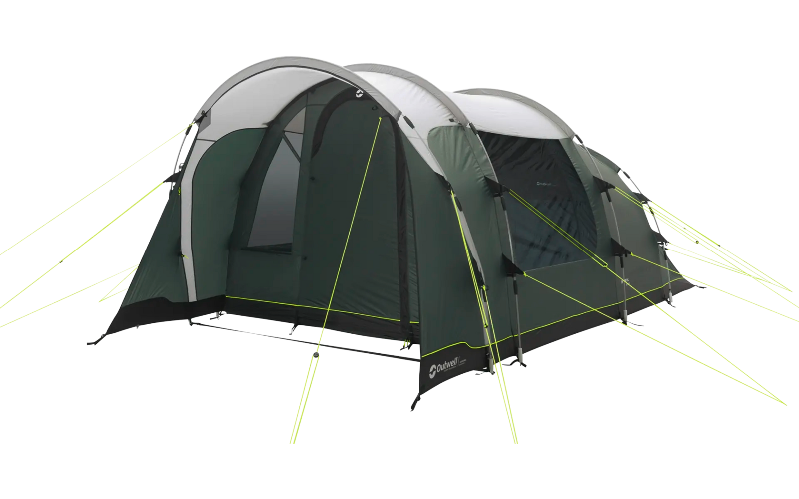 Grünes Campingzelt mit aufgespanntem Eingang bei sonnigem Wetter