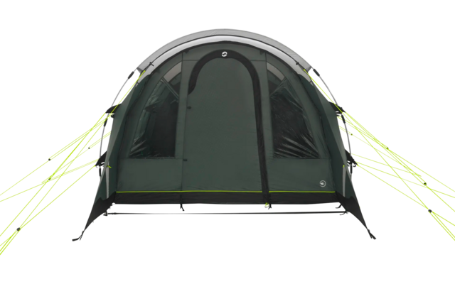 Grünes Zelt mit geöffnetem Eingang und weißen Befestigungsseilen