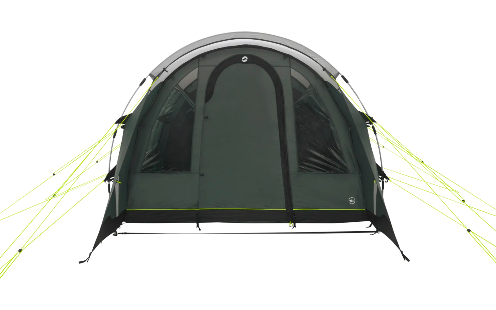 Grünes Zelt mit geöffnetem Eingang und weißen Befestigungsseilen