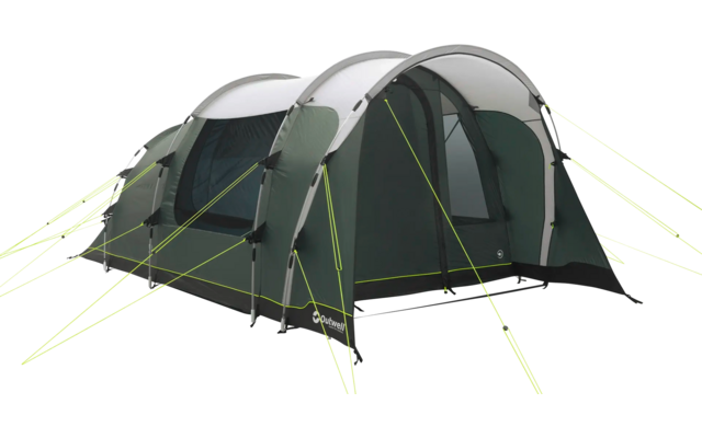 Grünes Campingzelt mit geschlossener Tür auf weißem Hintergrund