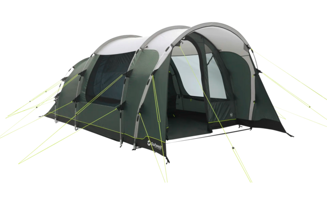 Grünes und graues Campingzelt mit mehreren Eingängen auf hellem Untergrund