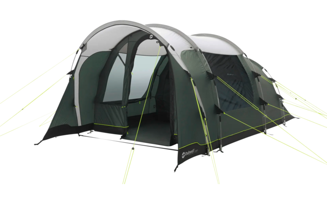 Grünes und graues Campingzelt auf weißem Hintergrund