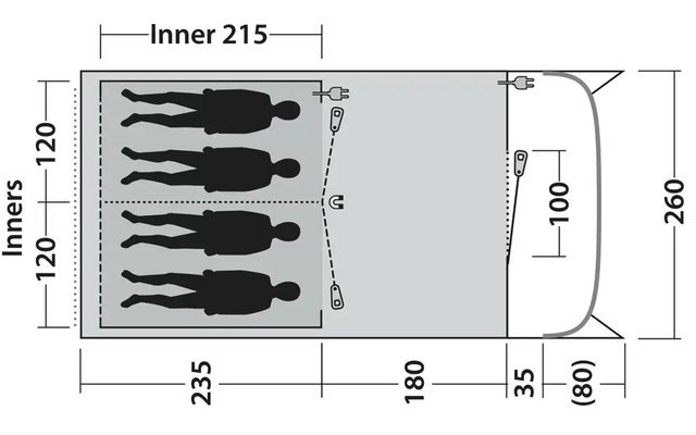 Maßzeichnung mit vier nebeneinander stehenden menschlichen Figuren und Abmessungen in Zentimetern