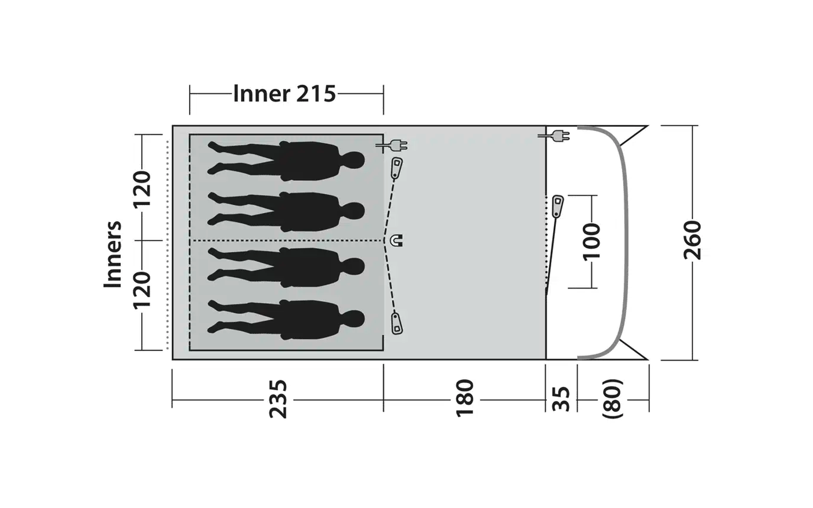Maßzeichnung mit vier nebeneinander stehenden menschlichen Figuren und Abmessungen in Zentimetern