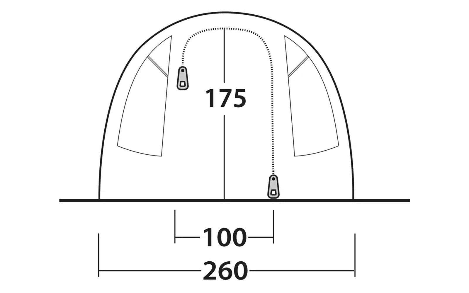 Technische Zeichnung eines halbkreisförmigen Objekts mit Maßen 175 mm Höhe, 160 mm Breite und 200 mm Breite unten