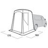 Zelt mit geschlossener Vordertür und seitlichem Fenster, an der Seite eines Fahrzeugs befestigt; Grundriss mit Maßen 170 cm und 160 cm