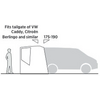 Seitenansicht einer Strichzeichnung: Auto mit einem rechteckigen Anbau am Heck, links eine stehende Personen-Silhouette; sichtbarer Text 'Fits tailgate of VW Caddy, Citroën Berlingo and similar' und '175-190'