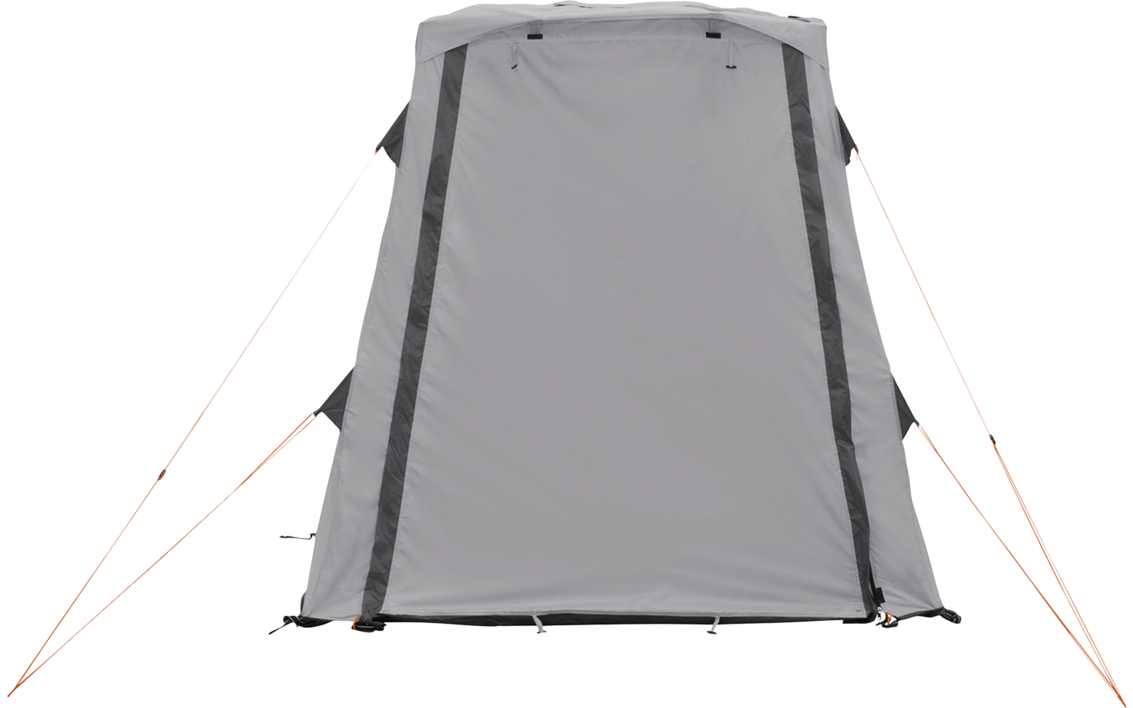 Graues, aufgestelltes Zelt mit geschlossener Vorderseite, zwei dunklen vertikalen Streifen und orangefarbenen Abspannleinen auf weißem Hintergrund