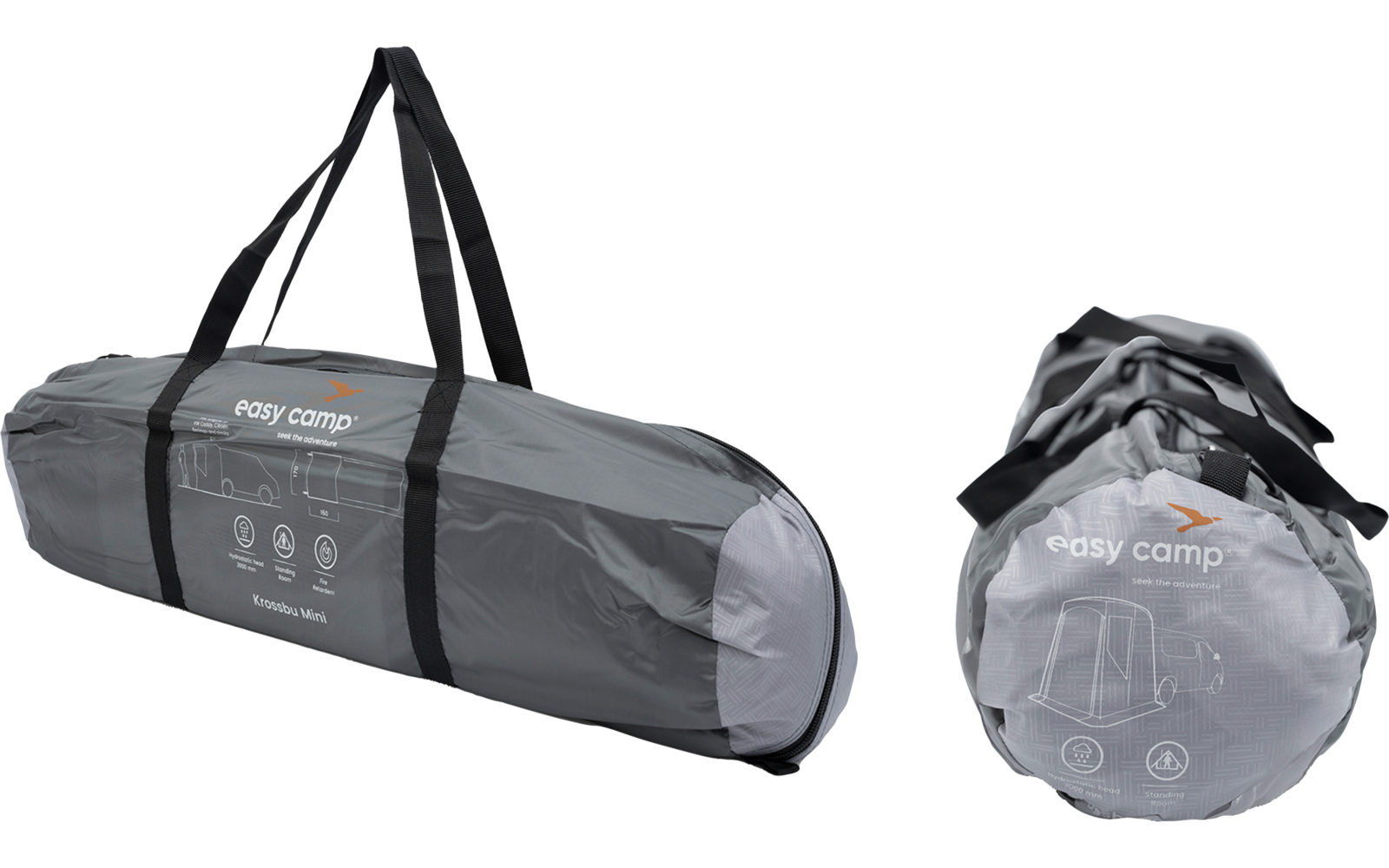 Graue, zylindrische Tragetasche mit schwarzen Tragegurten und 'easy camp'-Schriftzug, abgebildet liegend und aufrecht; orange Maßlinien zeigen 70 cm Länge und 13 cm Höhe