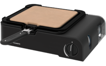 Schwarzer rechteckiger Korpus mit quadratischer hellbrauner Platte in einem schwarzen Rahmen, metallischer Griff vorne, runder Drehknopf rechts vorn und kleines "DOMETIC"-Logo auf der Vorderseite