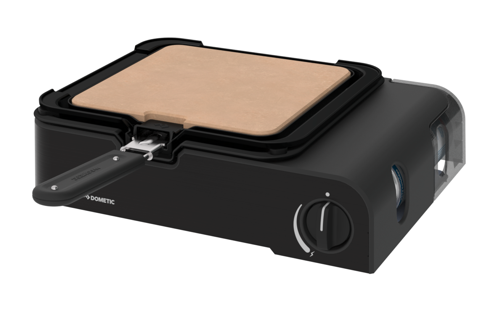 Schwarzer rechteckiger Korpus mit quadratischer hellbrauner Platte in einem schwarzen Rahmen, metallischer Griff vorne, runder Drehknopf rechts vorn und kleines "DOMETIC"-Logo auf der Vorderseite