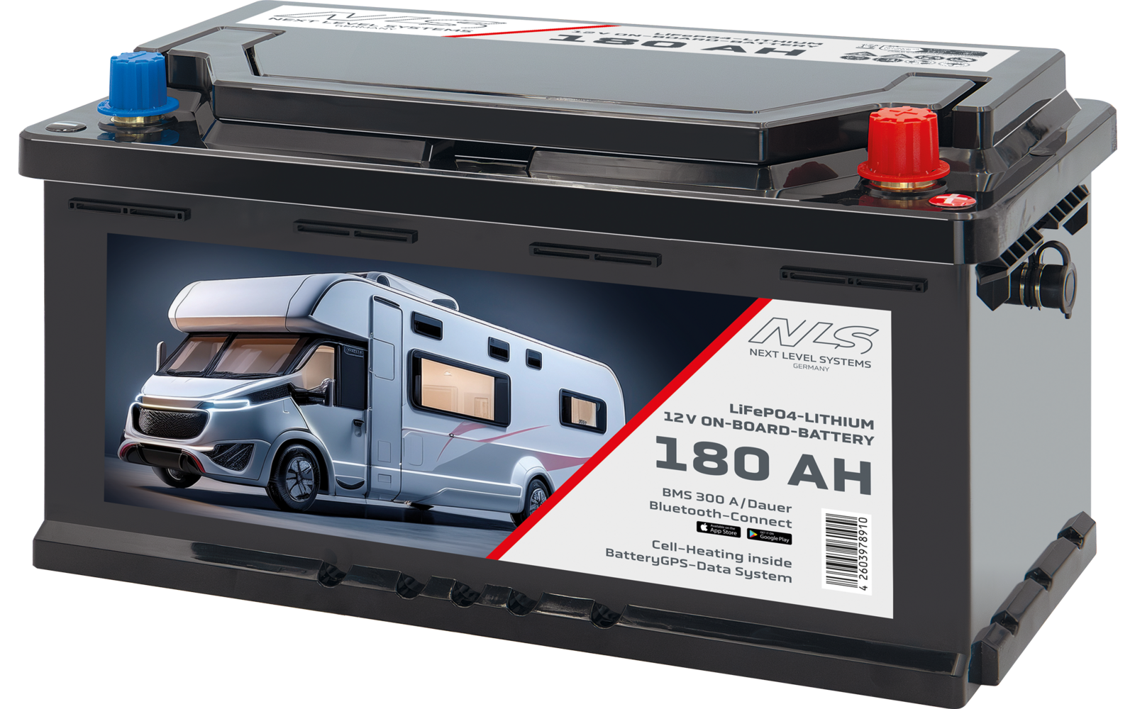 Schwarze Batterie mit rotem und blauem Pol; Frontetikett zeigt ein Wohnmobil und die Aufschrift '180 AH'