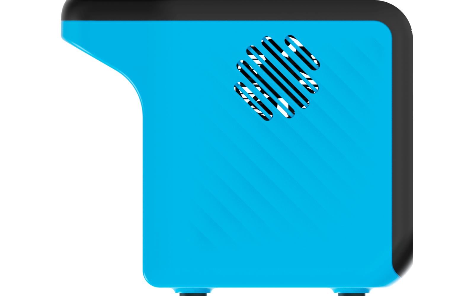 Blauer quadratischer Kasten mit abgerundeten Ecken, schwarzem Rand oben und rechts, Ausschnitt oben links, diagonalen Ton-in-Ton-Streifen und dünnen schwarzen Schlitzen oben in der Mitte