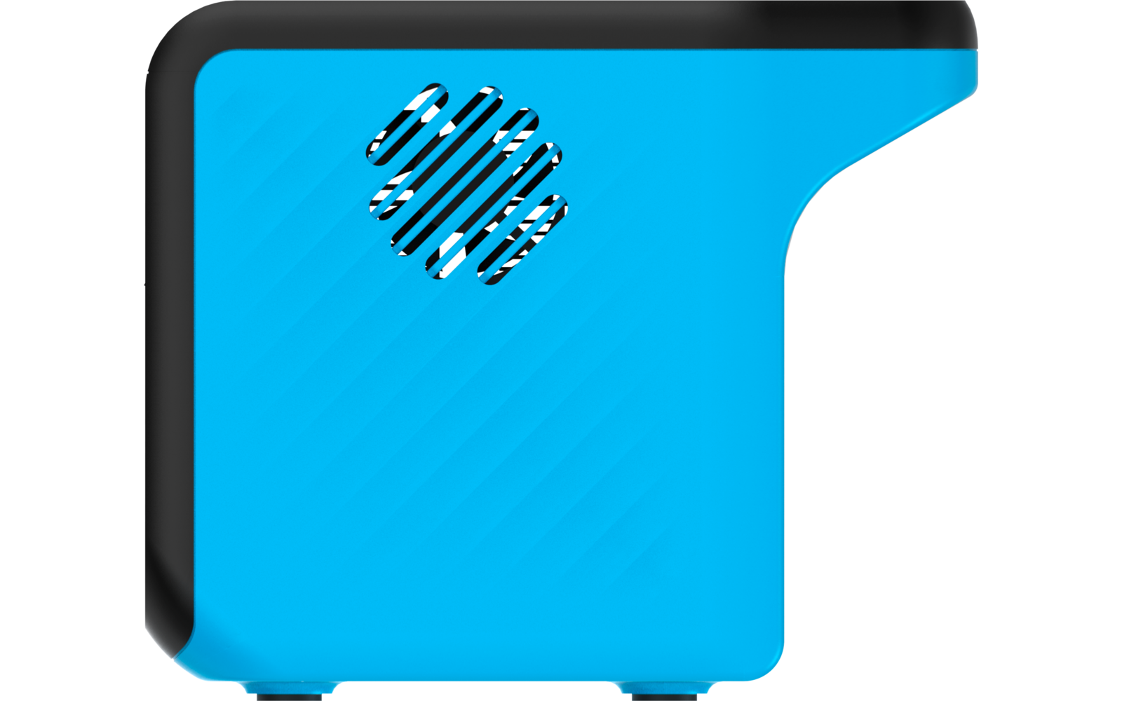 Blaues rechteckiges Gerät mit abgerundeter rechter oberer Ecke, schwarzem Rahmen links und oben, diagonalen Lüftungsschlitzen oben und zwei kleinen Standfüßen unten