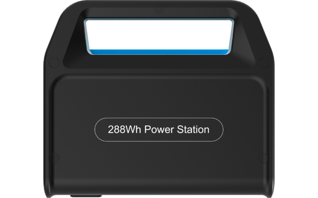 Schwarze tragbare Powerstation mit Tragegriff und der Aufschrift '288Wh Power Station' auf der Vorderseite