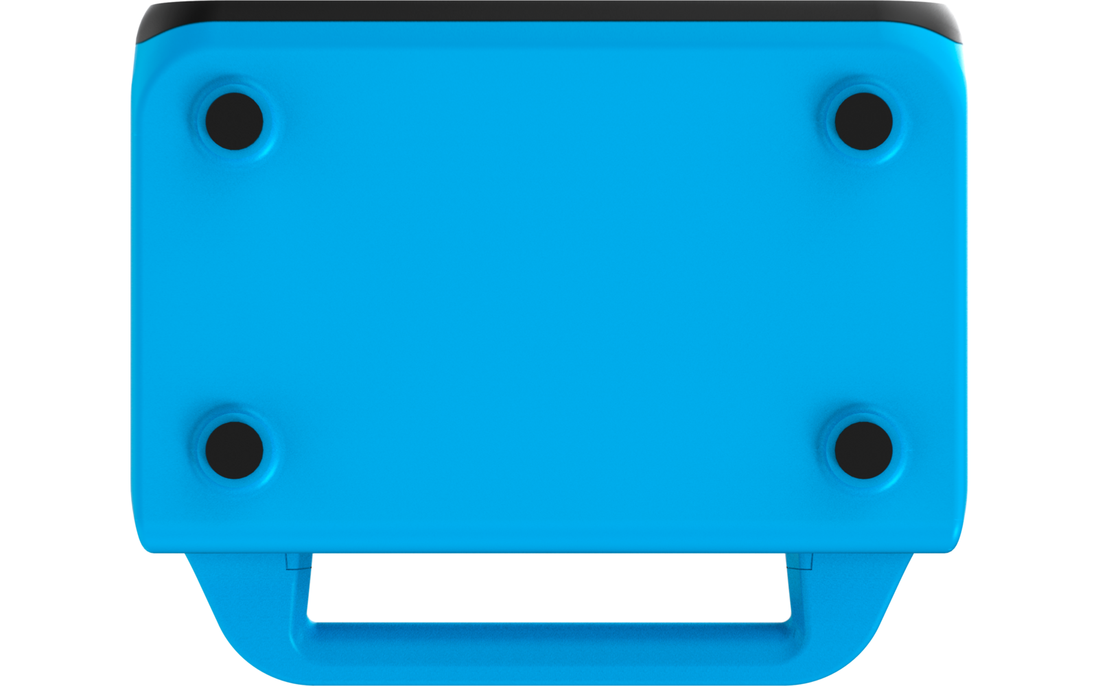 Blaues rechteckiges Objekt mit abgerundeten Ecken, vier schwarzen runden Füßen in den Ecken, schwarzem Rand oben und blauem Tragegriff unten auf weißem Hintergrund