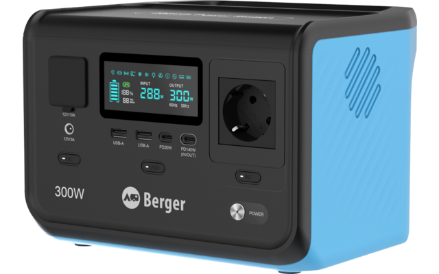Schwarzes und blaues rechteckiges Gerät mit LCD-Anzeige, sichtbaren Zahlen, einer europäischen Steckdose, mehreren USB-Anschlüssen, Bedientasten, Markenlogo "Berger" und Aufdruck "300W"